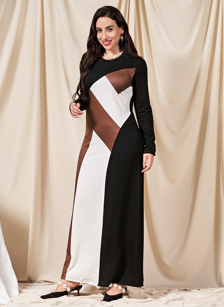 فرايديين موضة سريعة دائري تباين اللون الربط كم منتظم فساتين طويلة اسود - Image 4