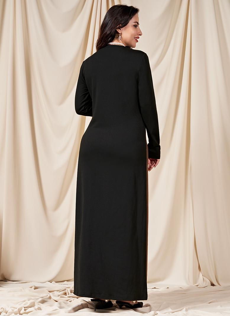 فرايديين موضة سريعة دائري تباين اللون الربط كم منتظم فساتين طويلة اسود - Image 2