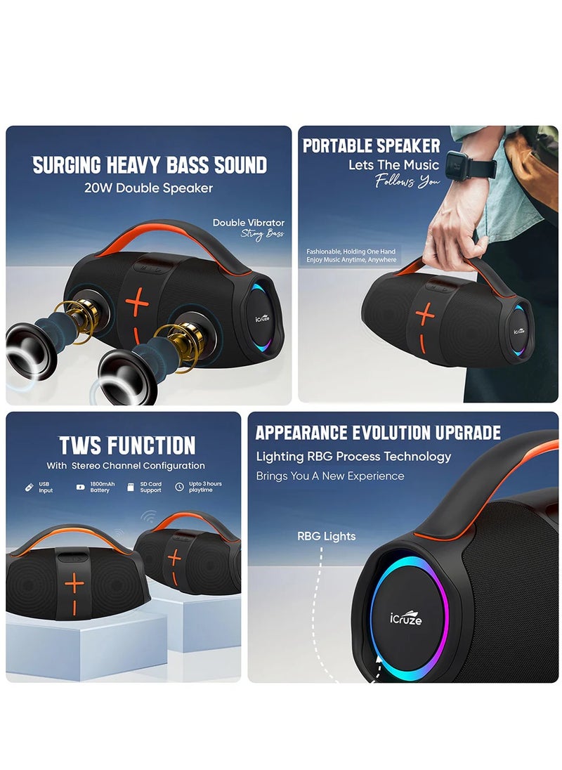 iCruze - Believe Portable Bluetooth 5.3 Speaker with 20W Heavy Bass Sound, Double Vibrator, TWS Function, RGB Lights, 1800mAh Battery, USB,TF,AUX,FM,TWS & SD Card Support, Up to 3 Hours Playtime - Image 1