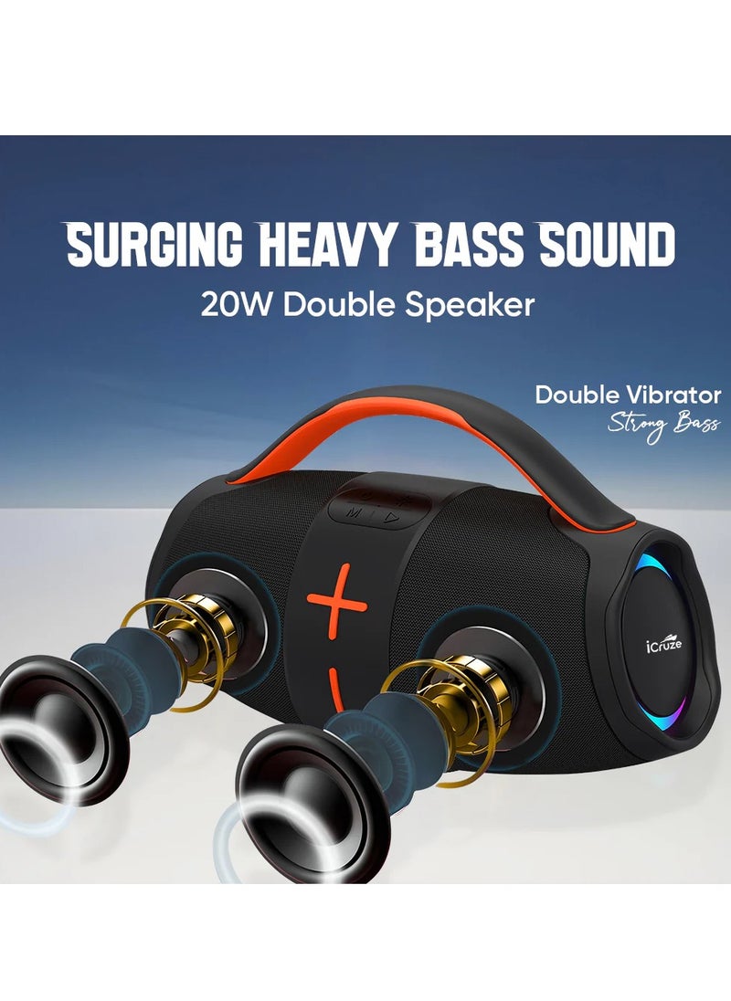 iCruze - Believe Portable Bluetooth 5.3 Speaker with 20W Heavy Bass Sound, Double Vibrator, TWS Function, RGB Lights, 1800mAh Battery, USB,TF,AUX,FM,TWS & SD Card Support, Up to 3 Hours Playtime - Image 1