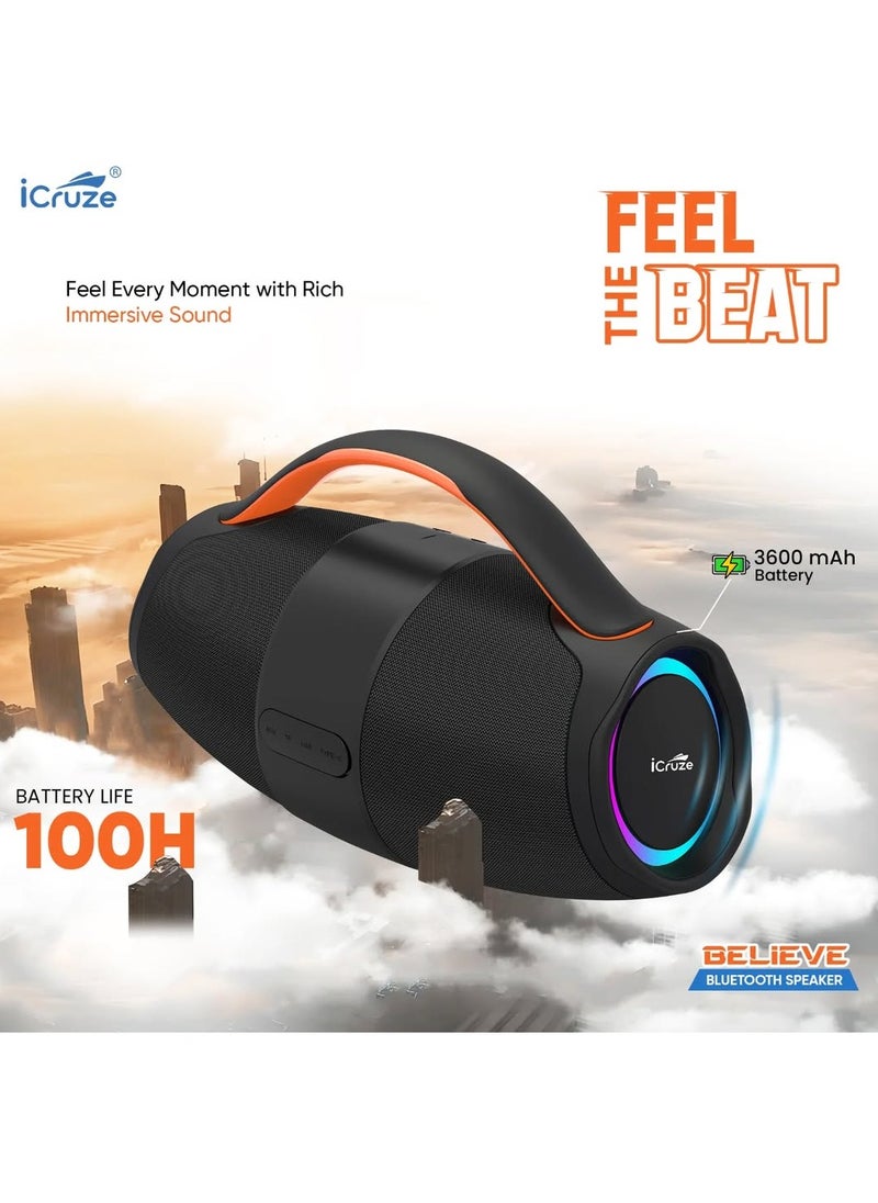 iCruze - Believe Portable Bluetooth 5.3 Speaker with 20W Heavy Bass Sound, Double Vibrator, TWS Function, RGB Lights, 1800mAh Battery, USB,TF,AUX,FM,TWS & SD Card Support, Up to 3 Hours Playtime - Image 1