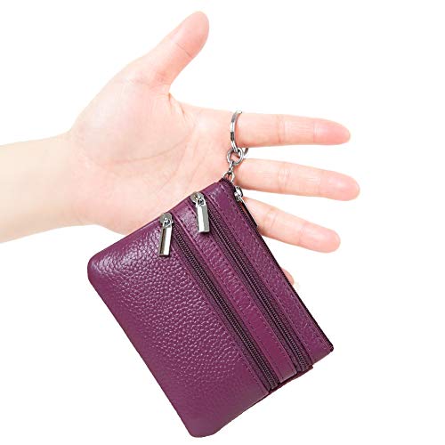 Cynure Women's Genuine Leather Coin Purse Mini Pouch Change Wallet with Keychain,purple - Image 2
