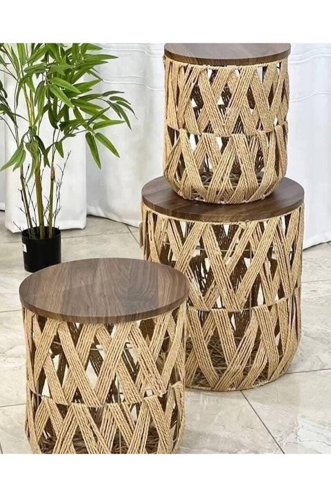 مجموعة ترابيزات جانبية من 3 قطع بتصميم عصري من الخشب والحبل الطبيعي – طاولات متعددة الاستخدام لغرفة المعيشة والديكور