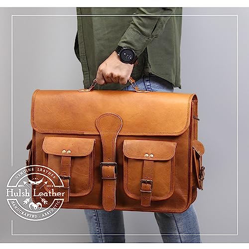 HULSH 18 Inches Leather Laptop Bag for Men - Genuine Leather Briefcase, Vintage Look Messenger Bag (Tan) - Image 2