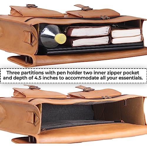 HULSH 18 Inches Leather Laptop Bag for Men - Genuine Leather Briefcase, Vintage Look Messenger Bag (Tan) - Image 5