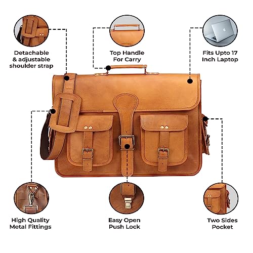 HULSH 18 Inches Leather Laptop Bag for Men - Genuine Leather Briefcase, Vintage Look Messenger Bag (Tan) - Image 3