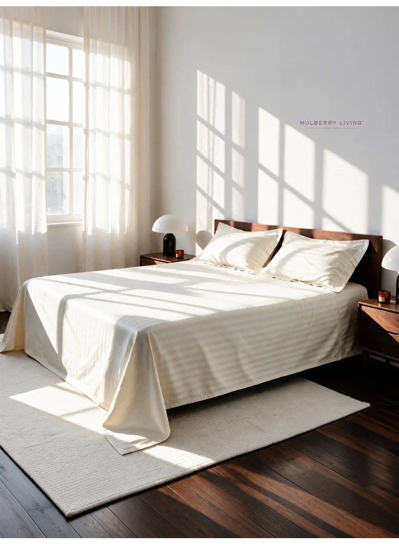 Mulberry Living 100% Cotton Queen Flat Bedsheet with 2 Pillow covers - 300Tc Elysian Stripes - Ivory