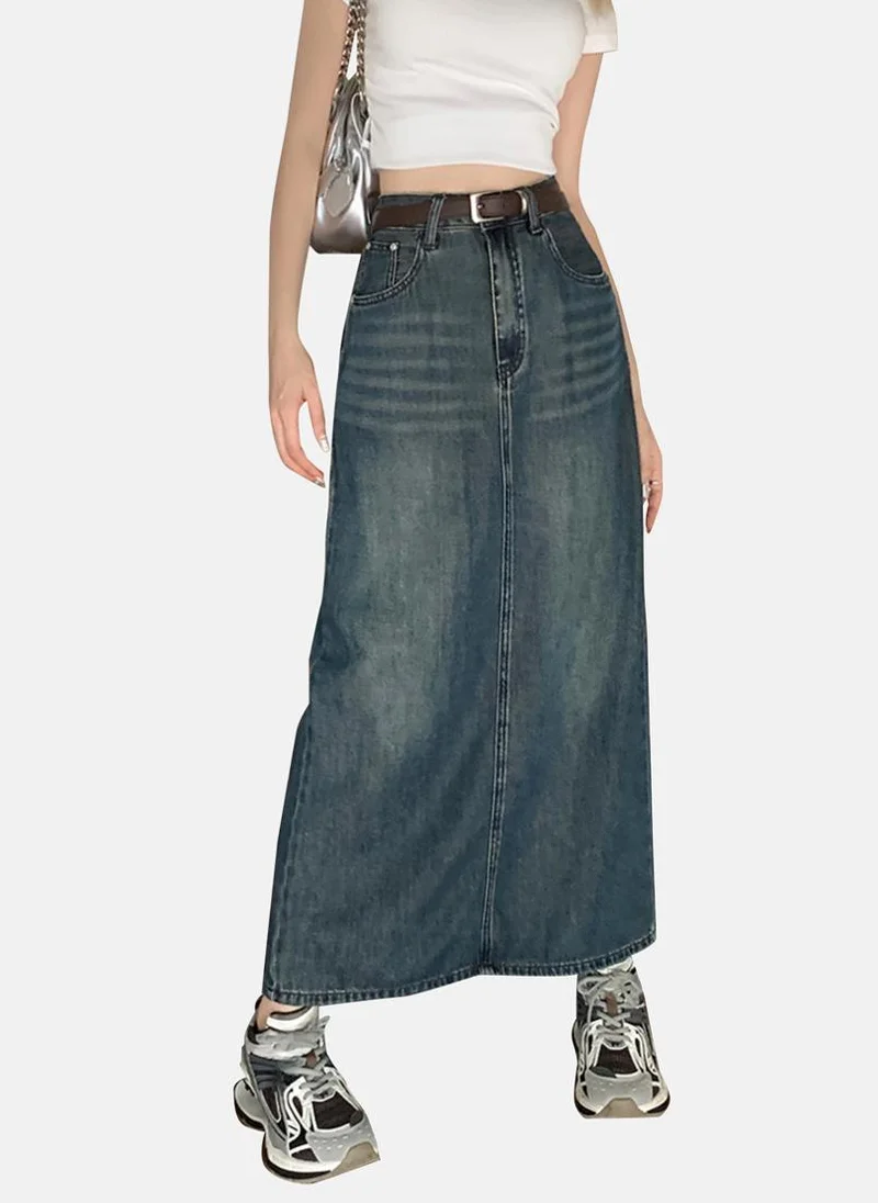يونيكي Blue Solid Denim Midi Skirt