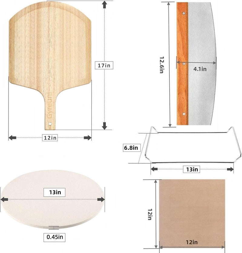 Gyreuni 5 PCS Round Pizza Stone Set, 13" Pizza Stone for Oven and Grill with Pizza Peel(OAK),Serving Rack, Pizza Cutter & 10pcs Cooking Paper for Free, Baking Stone for Pizza, Bread - Image 2