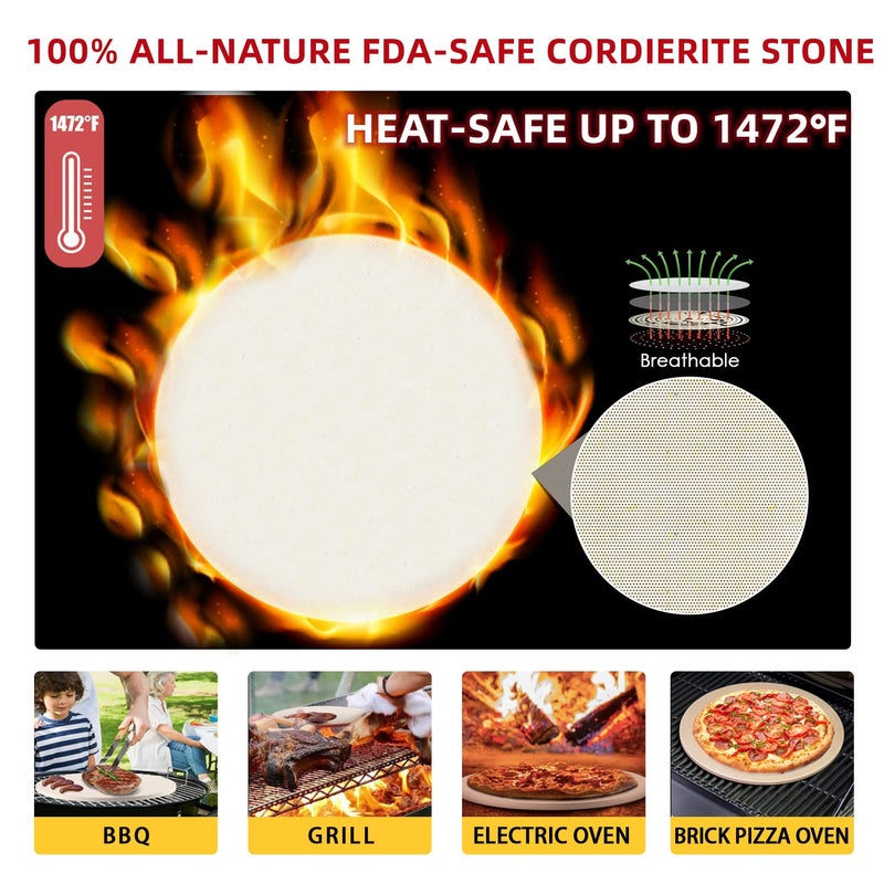 Gyreuni 5 PCS Round Pizza Stone Set, 13" Pizza Stone for Oven and Grill with Pizza Peel(OAK),Serving Rack, Pizza Cutter & 10pcs Cooking Paper for Free, Baking Stone for Pizza, Bread - Image 3