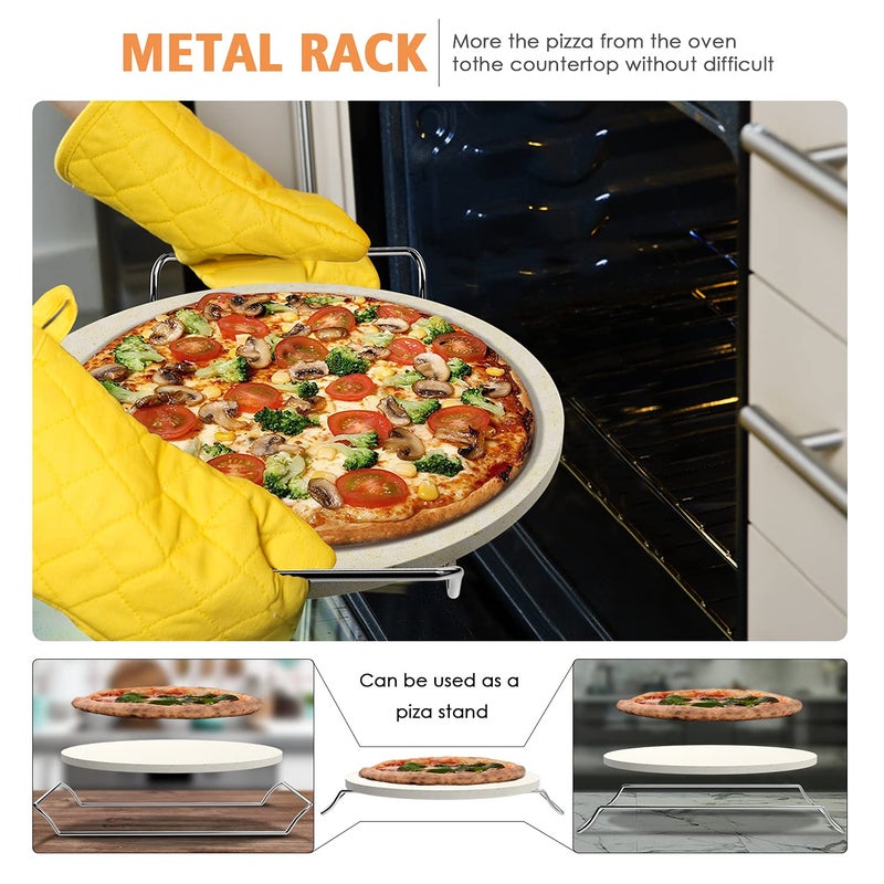 Gyreuni 5 PCS Round Pizza Stone Set, 13" Pizza Stone for Oven and Grill with Pizza Peel(OAK),Serving Rack, Pizza Cutter & 10pcs Cooking Paper for Free, Baking Stone for Pizza, Bread - Image 4