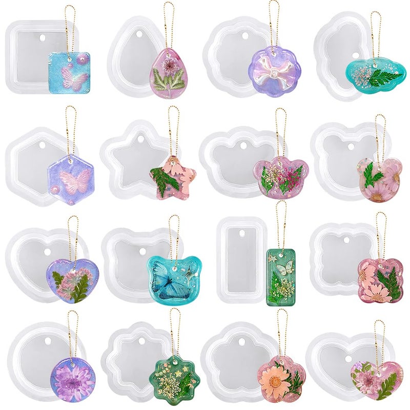 RESINWORLD 16pcs Variety Geometric Pendant Silicone Molds with Hanging Hole Jewelry UV Resin Mold Necklace Keychain Molds for Epoxy Resin