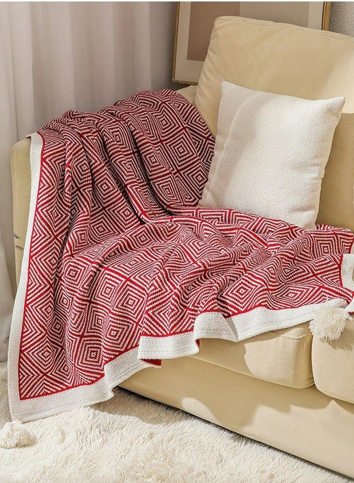 إسكدنيا Bohemian Style Knitted Jacquard Weave Soft Throw Blanket Red/White  Bohemian Style Knitted Jacquard Weave Soft Throw Blanket Red/White  البوهيمي نمط محبوك الجاكار المنسوجة بطانية لينة الأحمر / الأبيض - Image 1