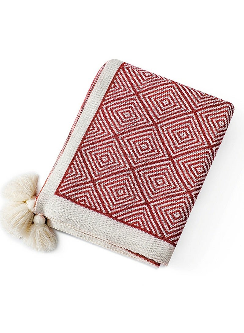 إسكدنيا Bohemian Style Knitted Jacquard Weave Soft Throw Blanket Red/White  Bohemian Style Knitted Jacquard Weave Soft Throw Blanket Red/White  البوهيمي نمط محبوك الجاكار المنسوجة بطانية لينة الأحمر / الأبيض - Image 3