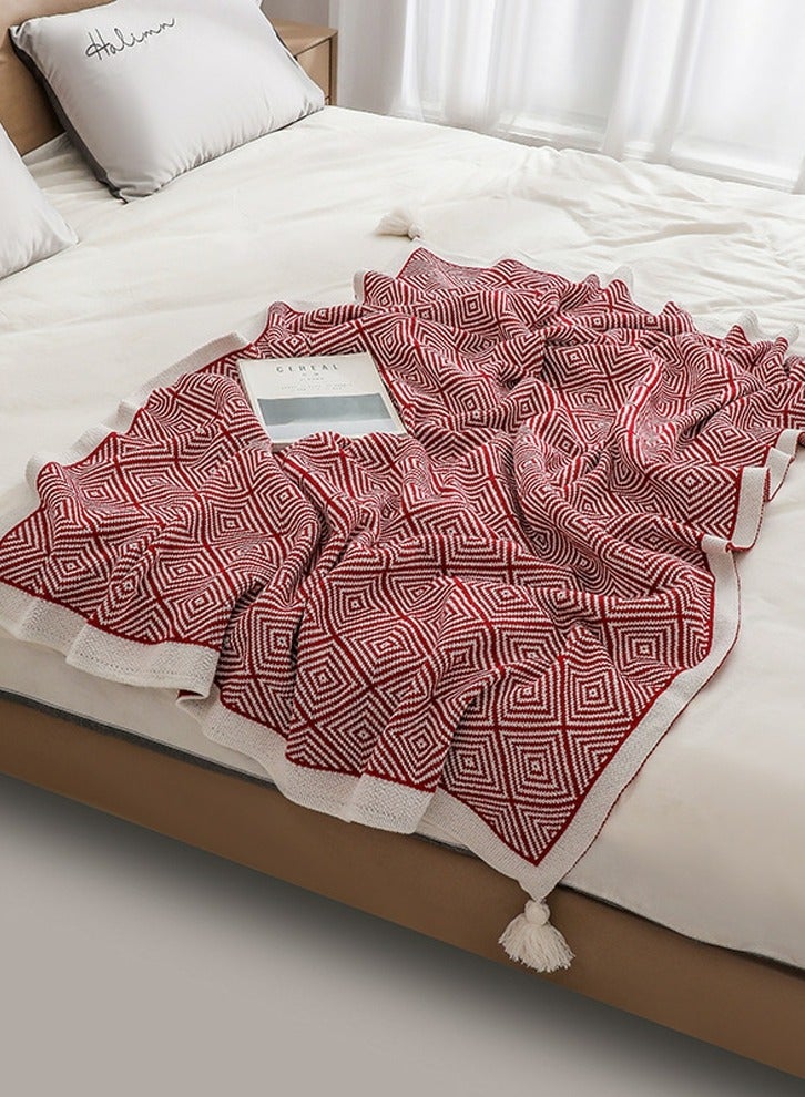 إسكدنيا Bohemian Style Knitted Jacquard Weave Soft Throw Blanket Red/White  Bohemian Style Knitted Jacquard Weave Soft Throw Blanket Red/White  البوهيمي نمط محبوك الجاكار المنسوجة بطانية لينة الأحمر / الأبيض - Image 2