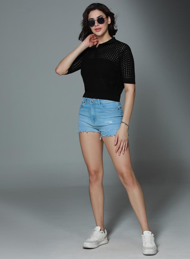 HIGH STAR Women's Black 100% Cotton Solid Pattern Regular Fit Top - Image 2