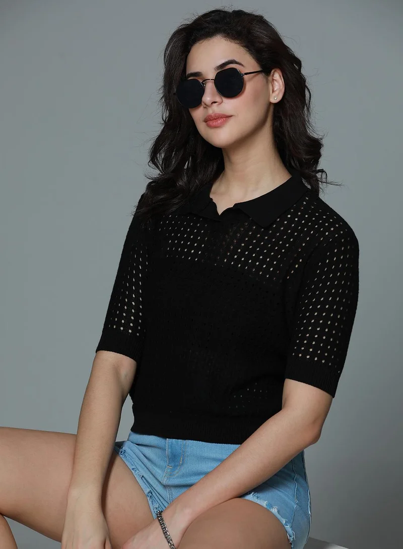 HIGH STAR Women's Black 100% Cotton Solid Pattern Regular Fit Top