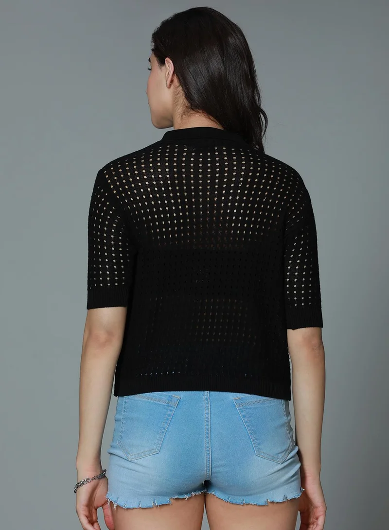 HIGH STAR Women's Black 100% Cotton Solid Pattern Regular Fit Top