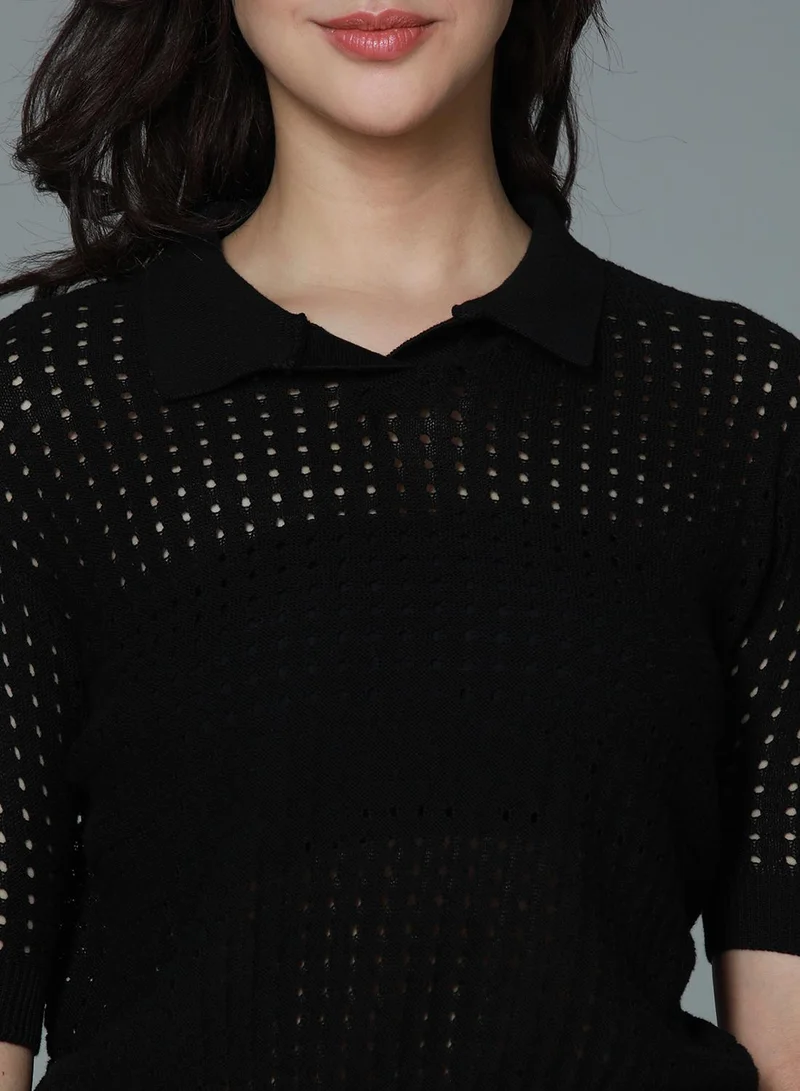 HIGH STAR Women's Black 100% Cotton Solid Pattern Regular Fit Top