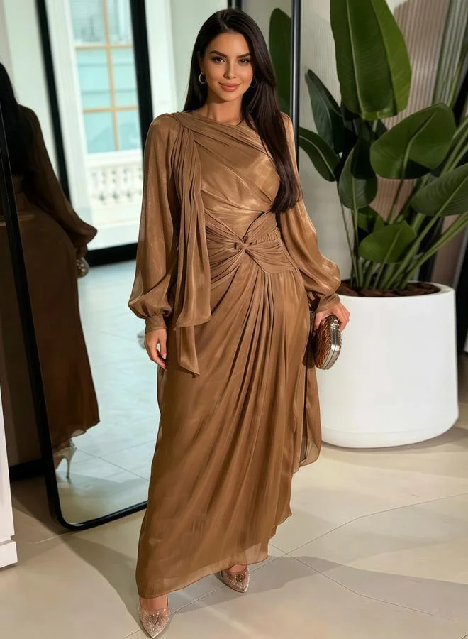 Take Two Brown Plain Draped Long Sleeves Jalabiya