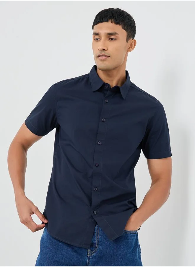 ستايلي Styli Solid Poplin Woven Regular Fit Short Sleeve Shirt