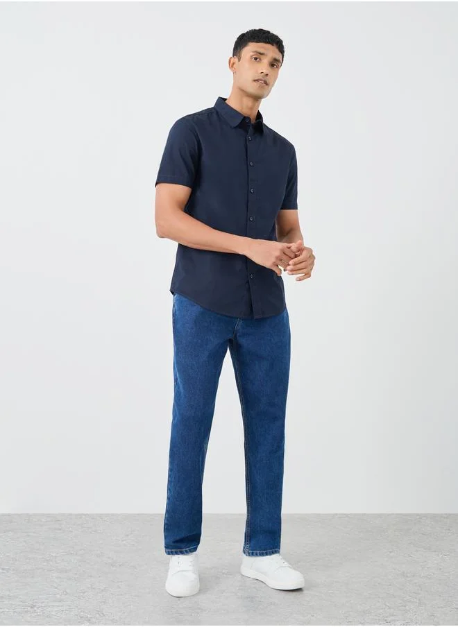 ستايلي Styli Solid Poplin Woven Regular Fit Short Sleeve Shirt