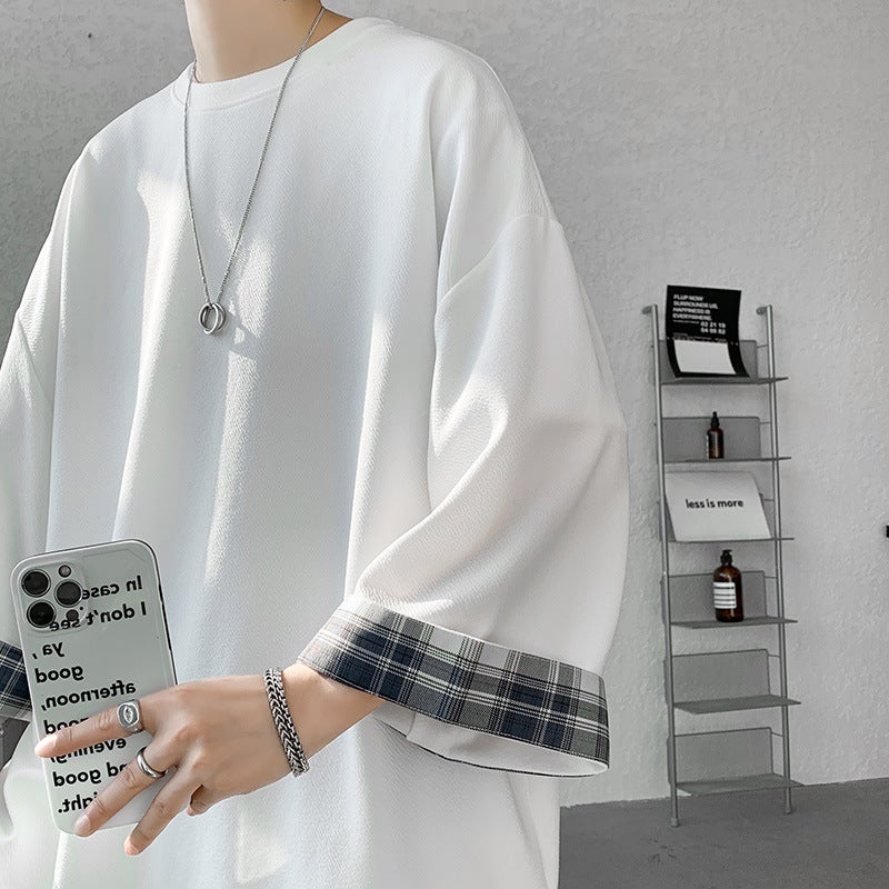 Plaid Stitching Seven-sleeved T-shirt Men's Ins Hong Kong-style Trendy Lazy High-end Men's oversize Short-sleeved Top - Image 2