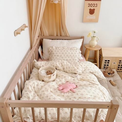 AOJIM Kids Muslin Duvet Cover with Azalea Pattern, Pure Cotton Floral Print Toddler Bedding Comforter Cover 1 Piece 47X59'', Ruffled Edges Crib Duvet Cover 2-Layer Muslin for Boys Girls, No Comforter - Image 4