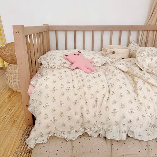 AOJIM Kids Muslin Duvet Cover with Azalea Pattern, Pure Cotton Floral Print Toddler Bedding Comforter Cover 1 Piece 47X59'', Ruffled Edges Crib Duvet Cover 2-Layer Muslin for Boys Girls, No Comforter - Image 5