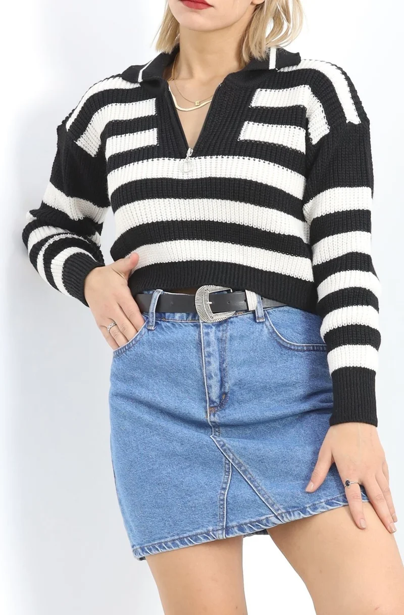 Hilal Giyim Zipper Collar Striped Knitwear Black - 438.1577.