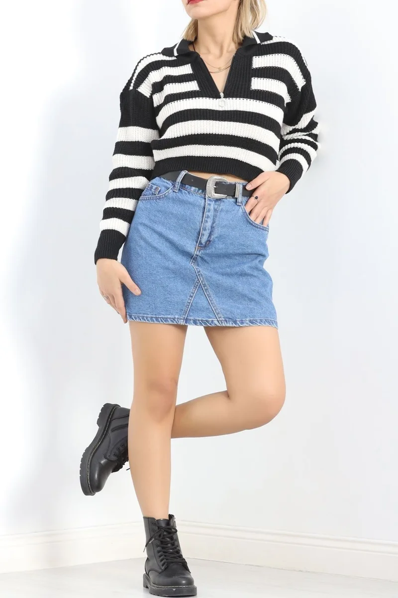 Hilal Giyim Zipper Collar Striped Knitwear Black - 438.1577.