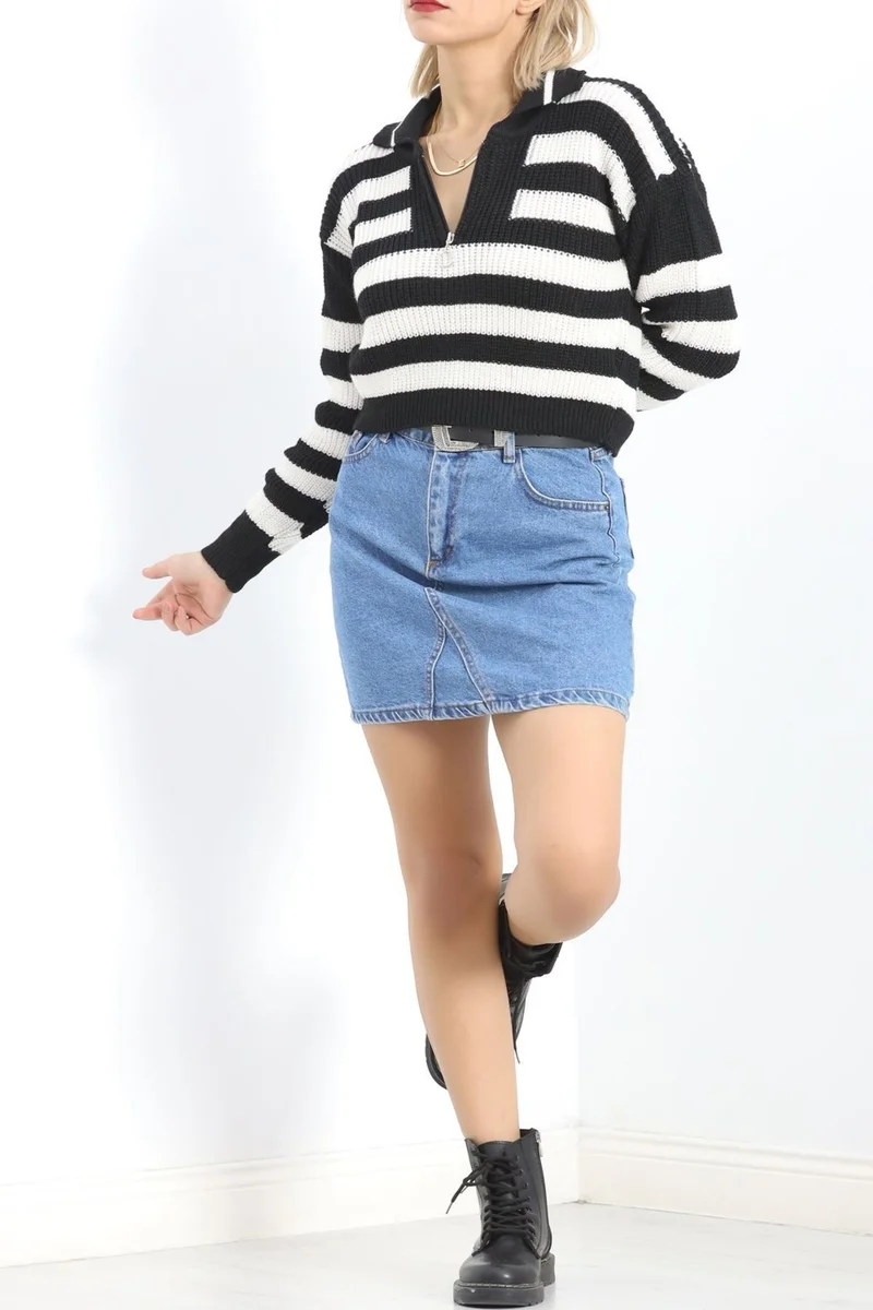 Hilal Giyim Zipper Collar Striped Knitwear Black - 438.1577.