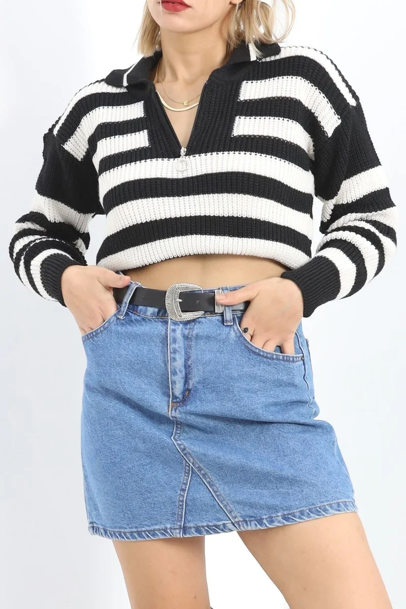 Hilal Giyim Zipper Collar Striped Knitwear Black - 438.1577.