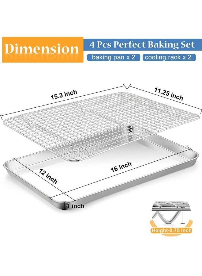 TeamFar Cookies Sheet with Rack, 16 x 12 x 1 Inch Stainless Steel Baking Sheet Tray Pans with Grid Wire Racks for Cooling Baking Roasting, Non-Toxic & Heavy Duty, Dishwasher Safe, 2 Pans + Racks - Image 2