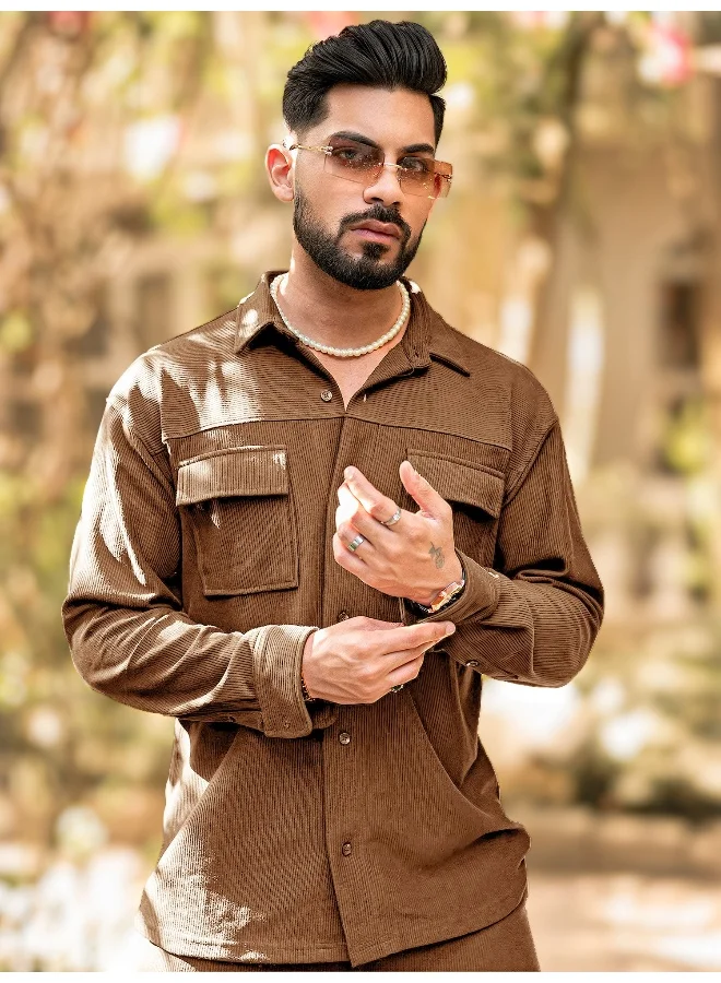 Maniac Maniac Mens Solid Collared Neck Full Sleeve Brown Knitted Shirt