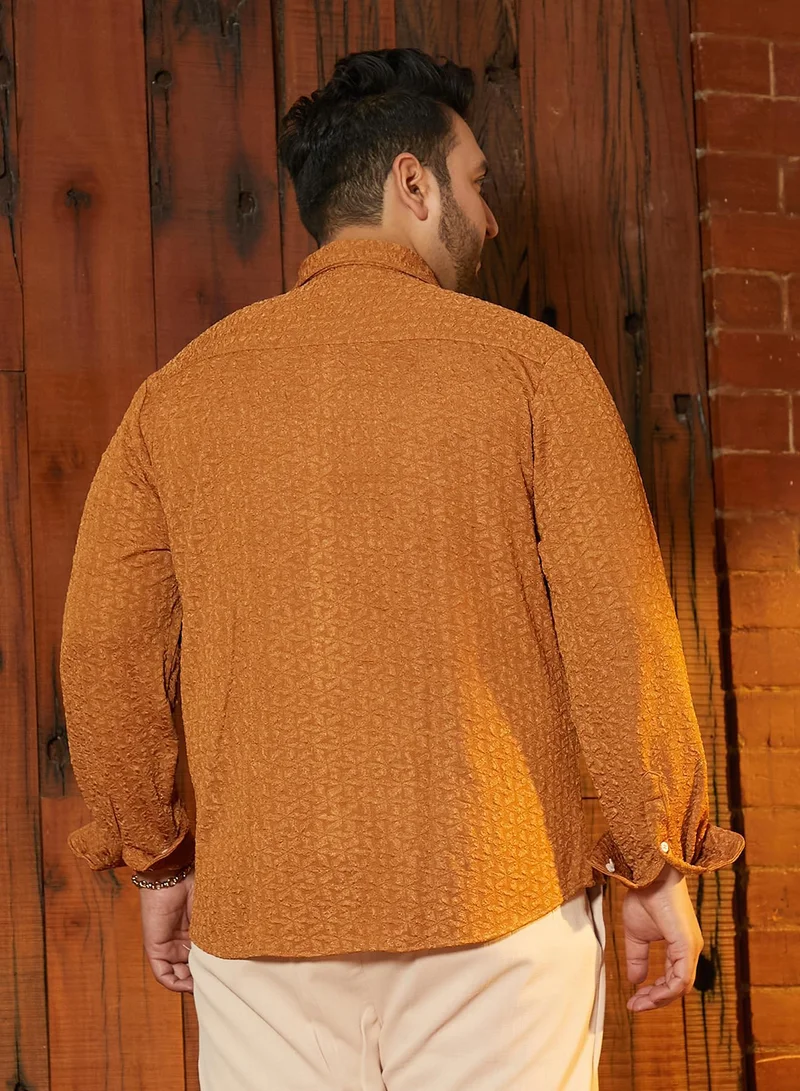 Instafab Plus  Instafab Plus Men's Copper Brown Bloom-Textured Shirt For Casual Wear | Spread Collar | Long Cuffed Sleeves | Button Closure | Plus Size Shirt Crafted With Comfort Fit For Everyday Wear for Men | Best Price UAE
