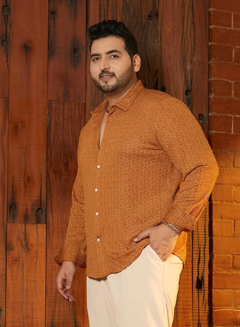 Instafab Plus  Instafab Plus Men's Copper Brown Bloom-Textured Shirt For Casual Wear | Spread Collar | Long Cuffed Sleeves | Button Closure | Plus Size Shirt Crafted With Comfort Fit For Everyday Wear for Men | Best Price UAE