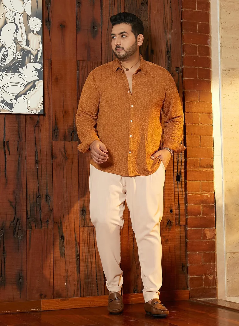 Instafab Plus  Instafab Plus Men's Copper Brown Bloom-Textured Shirt For Casual Wear | Spread Collar | Long Cuffed Sleeves | Button Closure | Plus Size Shirt Crafted With Comfort Fit For Everyday Wear for Men | Best Price UAE