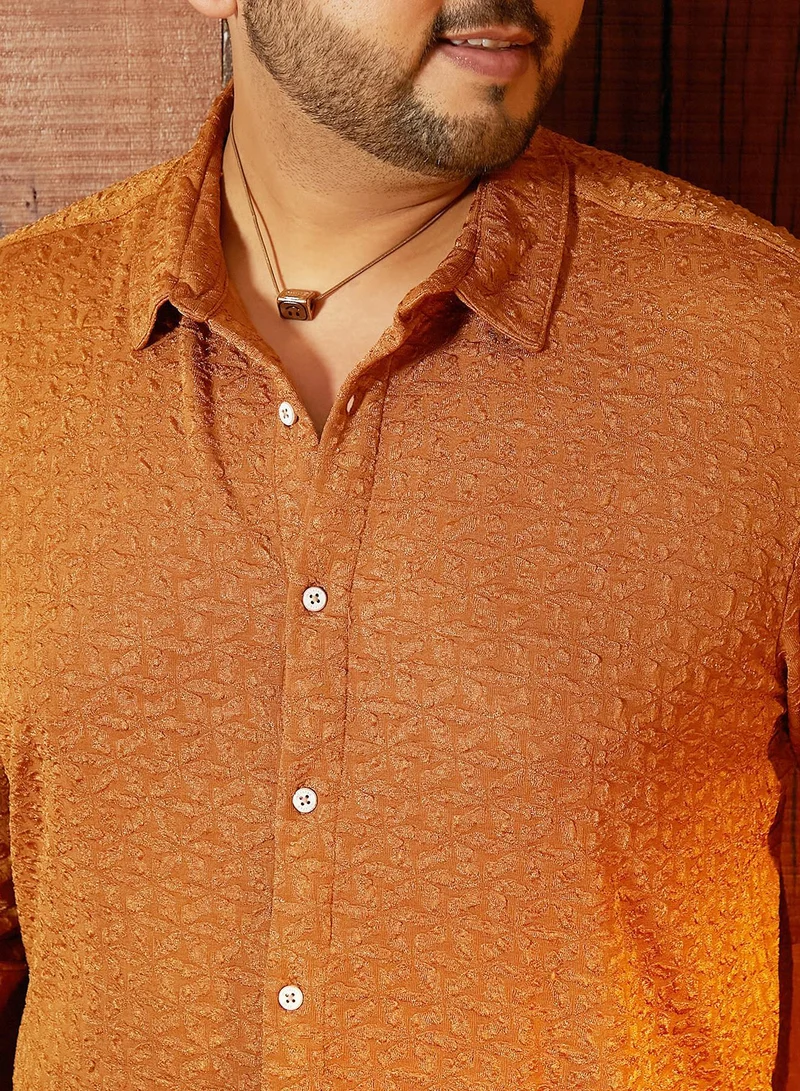 Instafab Plus  Instafab Plus Men's Copper Brown Bloom-Textured Shirt For Casual Wear | Spread Collar | Long Cuffed Sleeves | Button Closure | Plus Size Shirt Crafted With Comfort Fit For Everyday Wear for Men | Best Price UAE