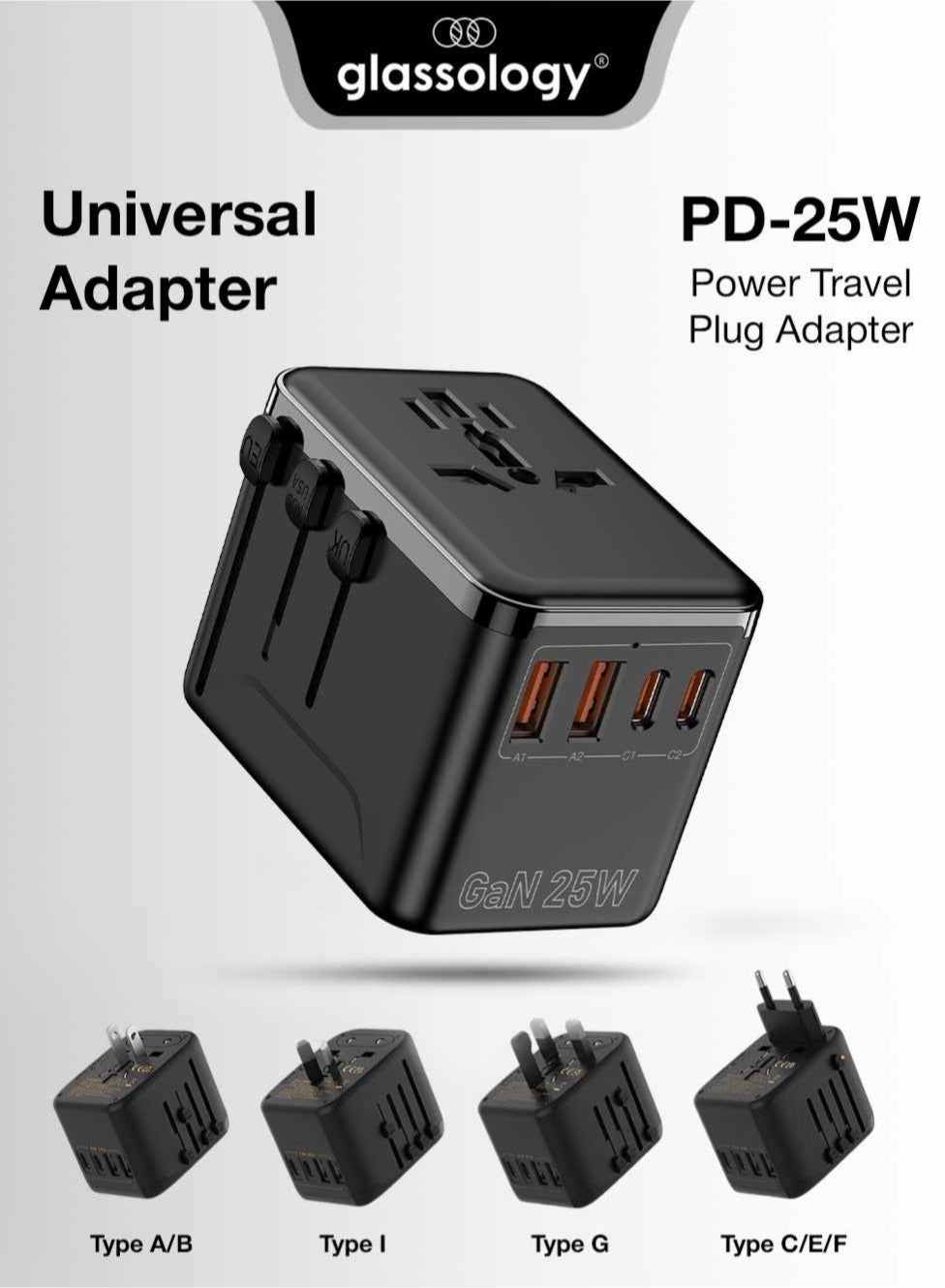 glassology Glassology GTUTA04 4-port Travel Adapter usbc 25W Z18CE5343C59D9F432922Z