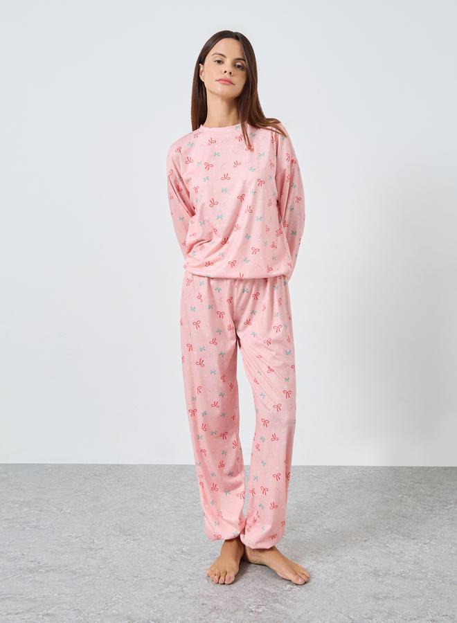 Styli Bows Candy Cane Print T-Shirt and Cuffed Pyjama Set - Image 2