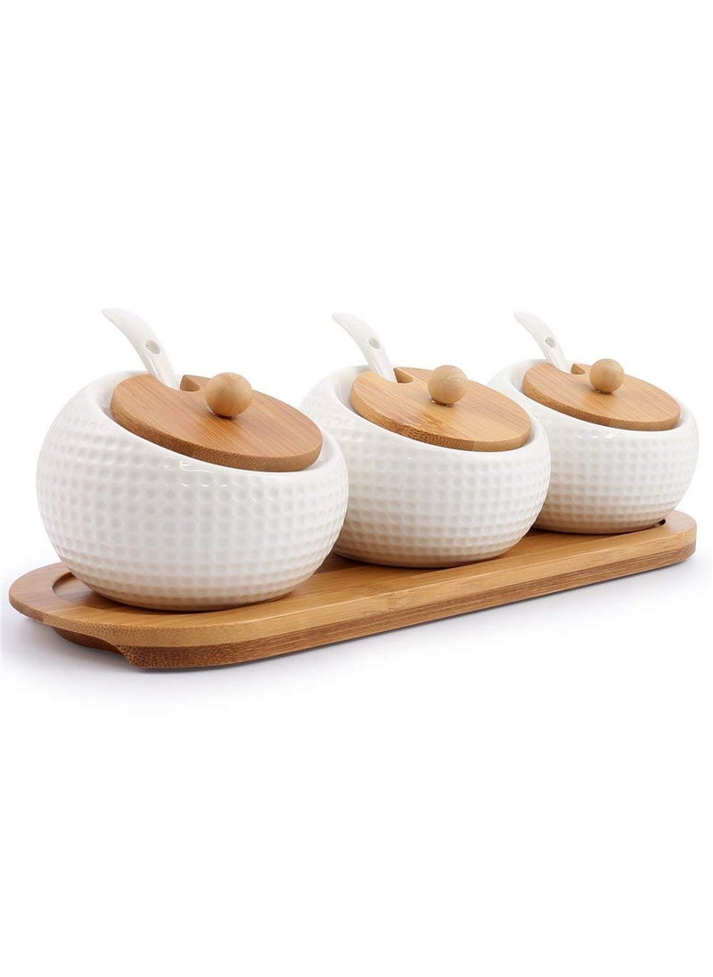 Lucky Goddness Porcelain Condiment Jar Spice Container with Lids  Bamboo Cap Holder Spot Ceramic Serving Spoon Wooden Tray Best Pottery Cruet Pot for Your Home Kitchen Counter White170 ML 58 OZ Set of 3 