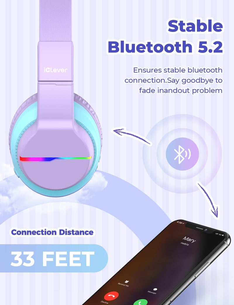 iClever Girls Headphones, Kids Wireless Headphones with 74/85/94dB Volume Limited Over Ear, 40H Playtime, Bluetooth 5.0, Kids Headphones with Mic for School/Tablet/PC/Airplane, Purple - Image 5