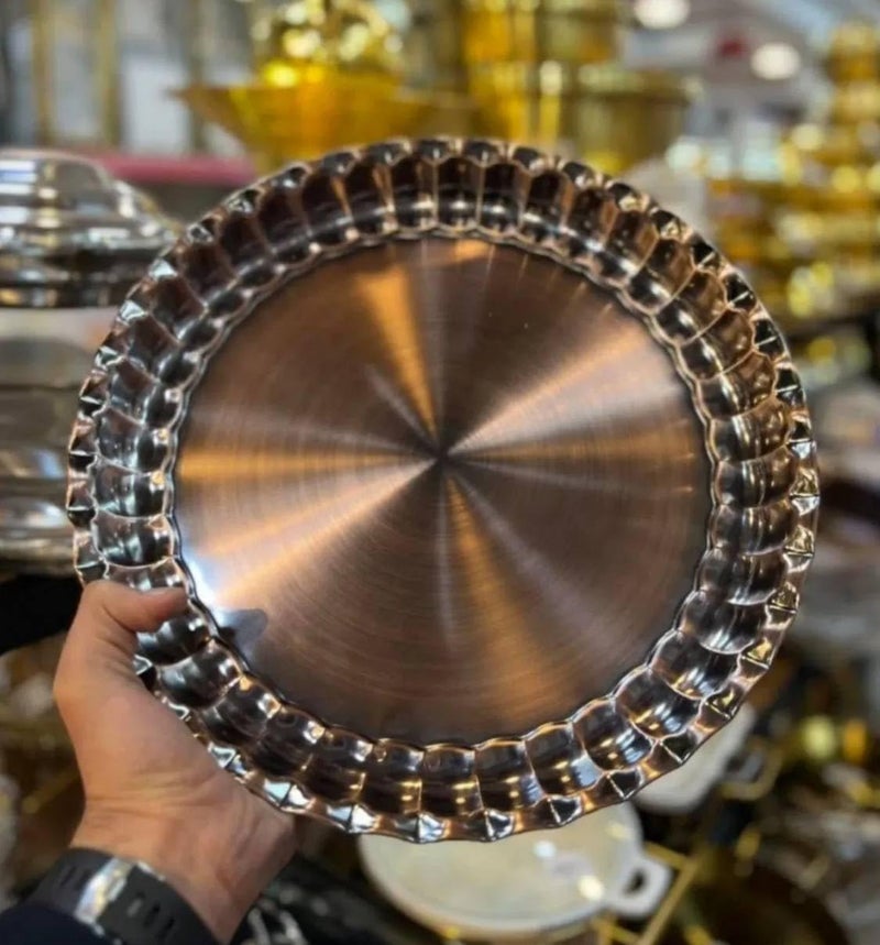 Large Copper Plated Serving Tray, 40cm Round Decorative Platter for Kabsa, Mandi and Grilled Dishes, Restaurant Style Presentation