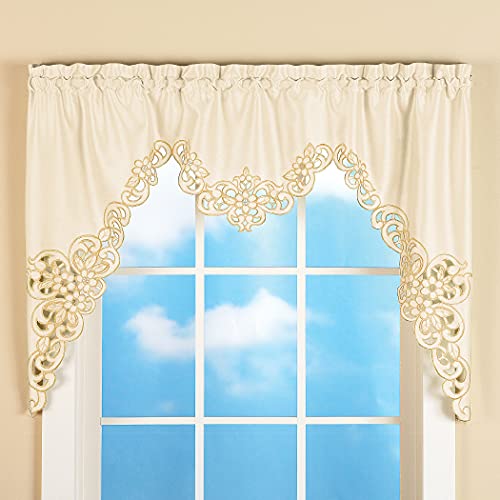 Collections Etc Elegant Scalloped Design Cut-Out and Embroidered Scroll Window Valance with Rod Pocket Top for Easy Hanging, Cream, 58" X 36" - Image 2