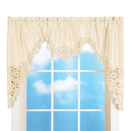 Collections Etc Elegant Scalloped Design Cut-Out and Embroidered Scroll Window Valance with Rod Pocket Top for Easy Hanging, Cream, 58" X 36" - Image 1