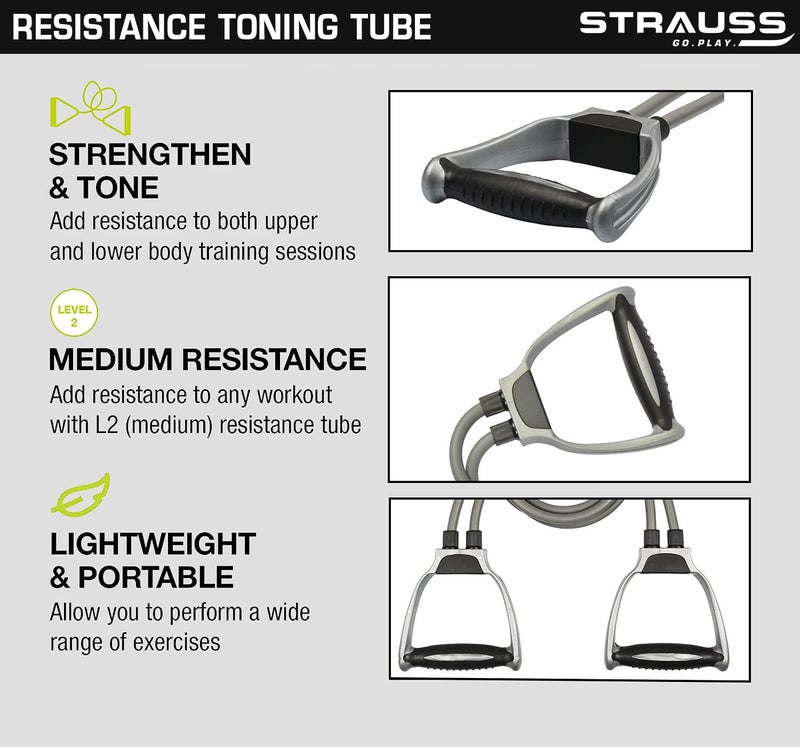 Strauss Double Toning Tube for Men and Women, Resistance Exercise Bands for Stretching & Workout, (Grey) - Image 2
