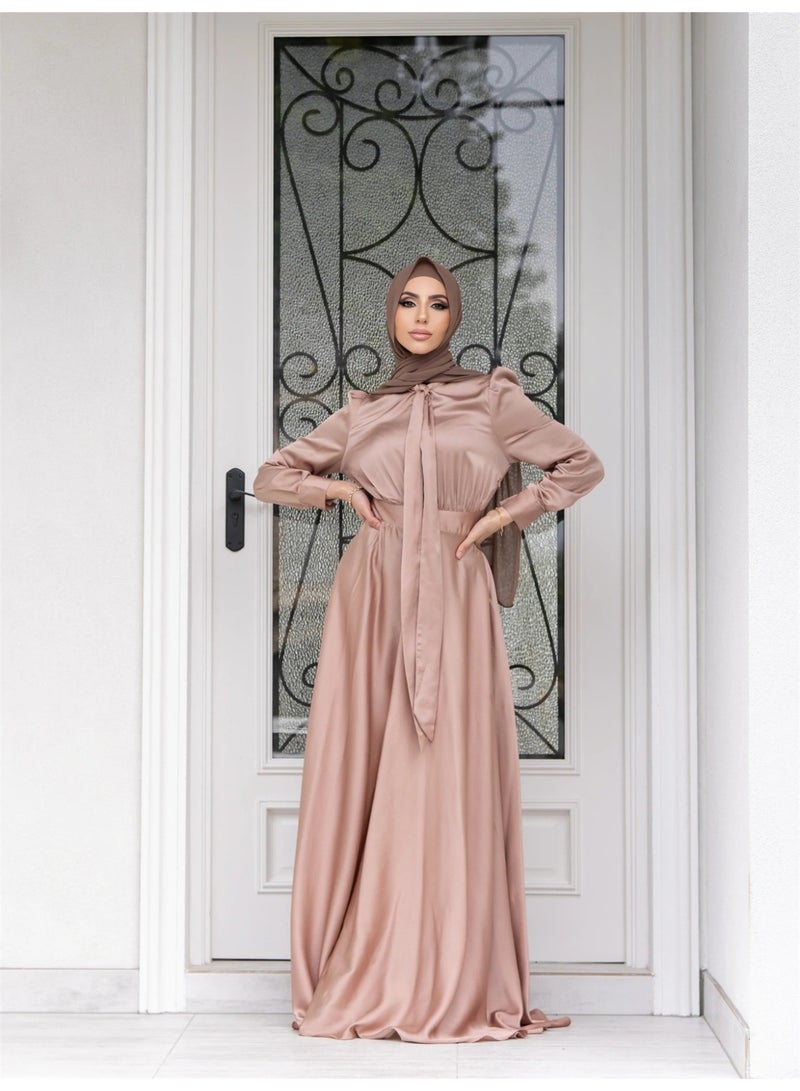 فستان ماكسي ساتان نسائي للمسلمات، حافة واسعة، تصميم محتشم - Image 2