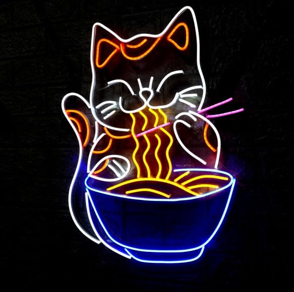SG PRINT Cat Ramen Neon Sign Japanese Noodles LED LightAnime Lucky Cat Signage 3D Art Wall Decor For Restaurant Kitchen24x18 BlueWhiteRed  - Image 3