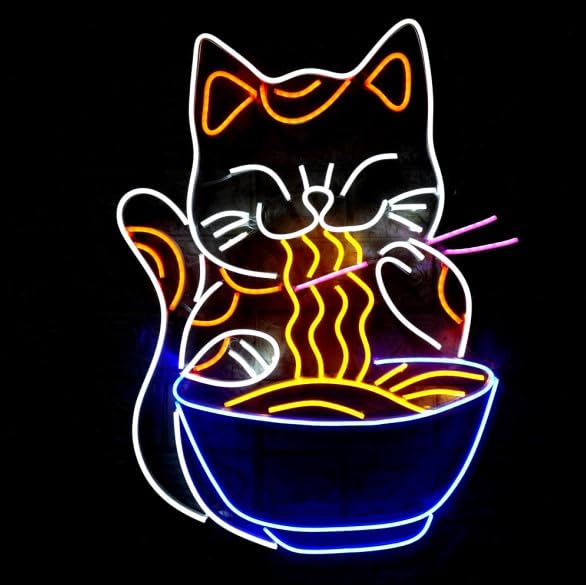 SG PRINT Cat Ramen Neon Sign Japanese Noodles LED LightAnime Lucky Cat Signage 3D Art Wall Decor For Restaurant Kitchen24x18 BlueWhiteRed  - Image 1